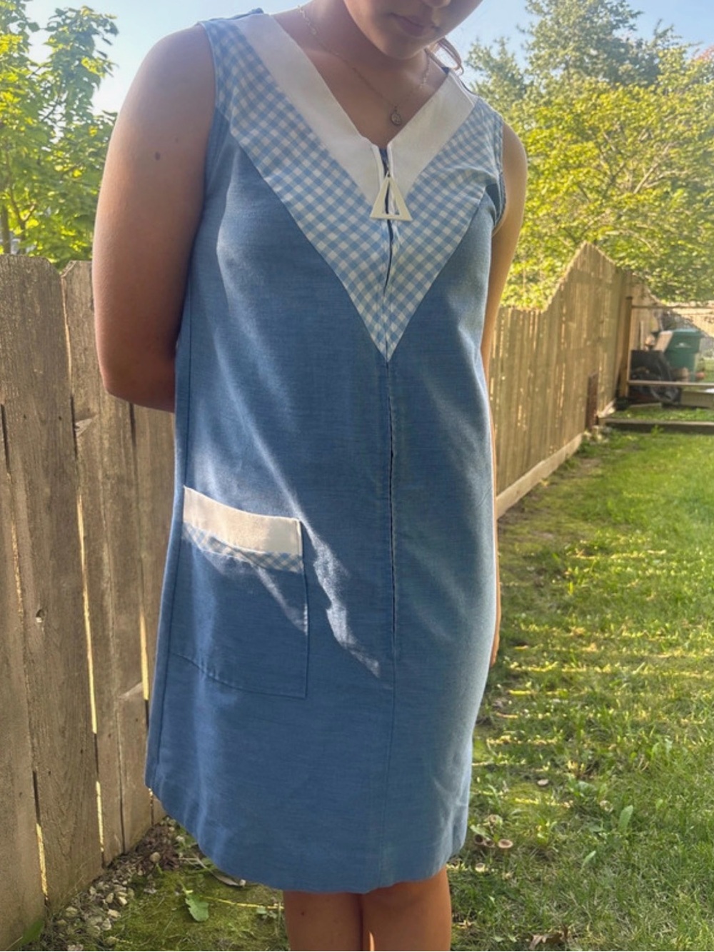 Vintage Blue Sleeveless Midi Dress with White Gingham Trim